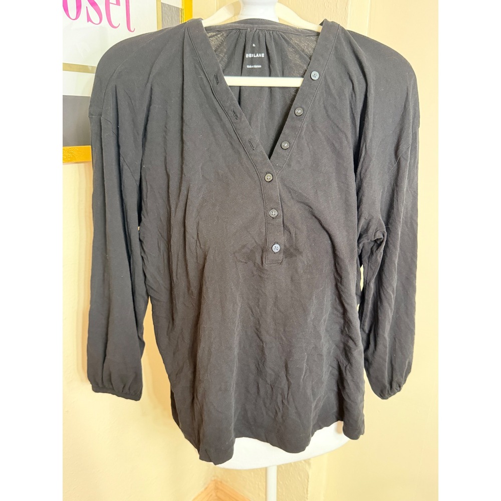 Everlane Black Long Sleeve Henley V-Neck Button Front Blouse Top XL